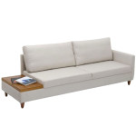 ESTOFADO FIXO  MEDIDAS: -Profundidade: 85 cm -Altura total: 95 cm -Pode ser feito na medida do espaço do cliente. ESTRUTURA: -Madeira de refl orestamento certifi cada, (eucalipto e placas em multilaminado) seca em estufa e com umidade controlada.  -Espumas certifi cadas de acordo com a Norma ISO 9001, produzidas sem CFC. Sistema de Conforto Percintas elásticas. Assentos Fixos  -Espumas Soft [densidades 28 kg/m3] revestidas com manta de fi bra de poliéster. Encostos Almofadas Soltas - Conjunto de espumas Soft + Fibras Siliconizadas. Pés -Madeira Maciça 12 cm. Mesa Lateral em lâmina de madeira natural cinamomo. Tingimento a escolher.  -Mesa lateral pode ser substituída por outro braço. TECIDO:  Cores e demais detalhes pode ser selecionados pelo cliente.