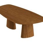 MESA DE JANTAR  ESTRUTURA: -Tampo em MDF com chanfro que apresenta efeito de “borda infinita”. Bases em compensado flexível.  MEDIDAS: 2,20M, 2,50M, 2,70M MADEIRAS: Natural Washed, Freijó, Avelã, Cacau, Ébano, Metalizado Champagne