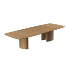 MESA DE JANTAR ESTRUTURA: -Tampo seccionado em 3 partes, em MDF e com chanfro. O tampo central, quando no acabamento laminado, sempre receberá a lâmina no sentido longitudinal (eixo x), enquanto os tampos de extremidade no sentido contrário (eixo y), criando um efeito de marchetaria na peça. Bases em compensado flexível. MEDIDAS: 2,60M, 3,00M, 3,60M, 4,20M MADEIRAS: Natural Washed, Freijó, Avelã, Cacau, Ébano, Metalizado Champagne
